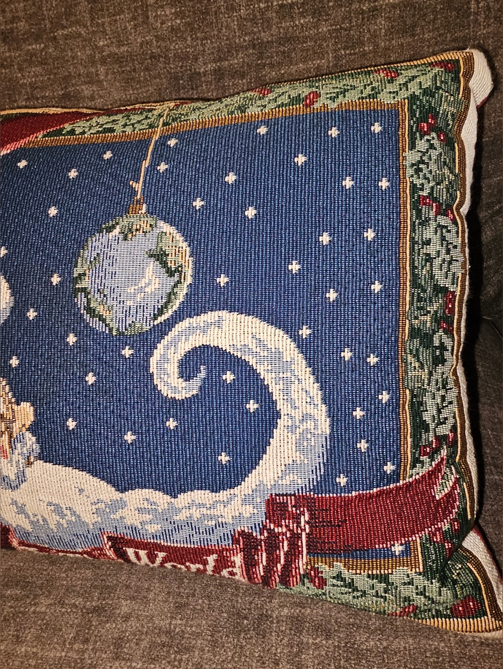 Vintage Tapestry Moon Santa Joy to the World Throw Pillow Holiday Decor 16"x10" - Picture 4 of 9